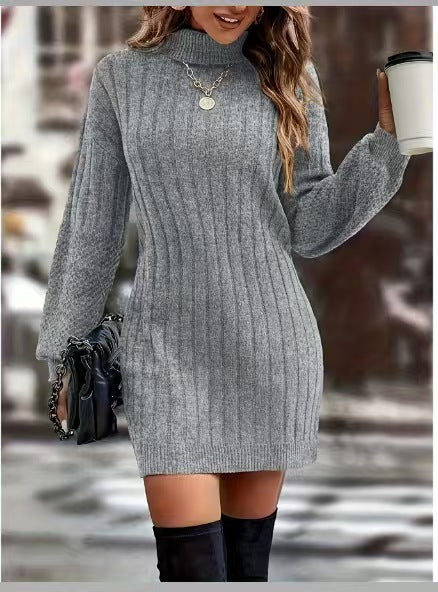 Damen nan figurbetontes geripptes Rollkragen-Strickkleid mit Ballonärmeln Drune