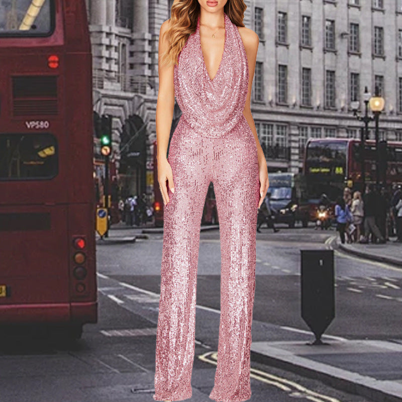 Damen Glitzerndes Jumpsuit mit tiefem V-Ausschnitt und weitem Bein Drune