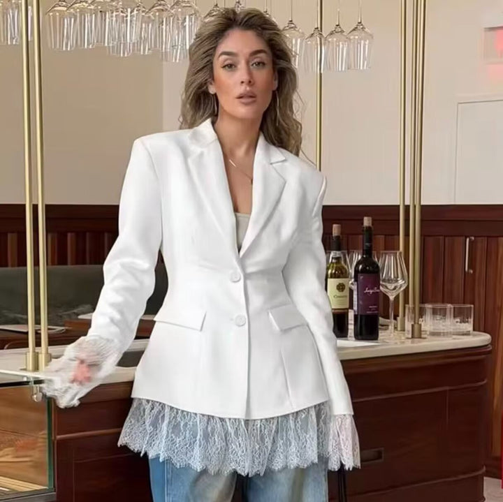 Damen 10+ taillierter Blazer mit Spitzenbesatz und Zwei‑Knopf‑Verschluss Drune
