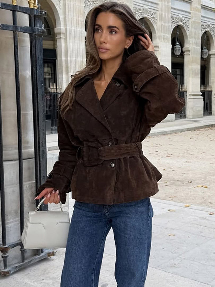 Damen modische Wildlederjacke mit Taillengürtel und voluminösen Ärmeln Drune