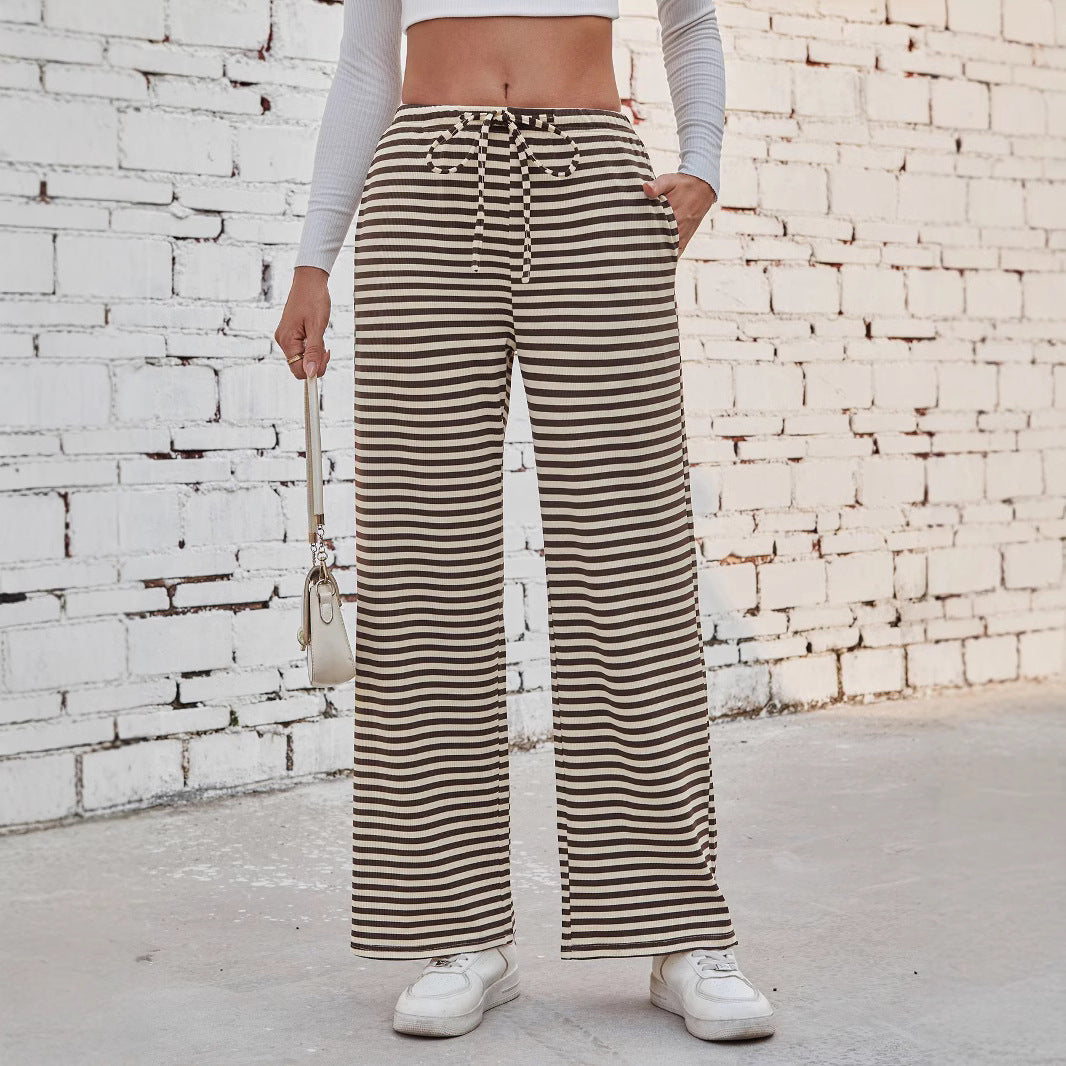 Damen weite Streifenhose mit elastischem Bund und Kordelzug Drune