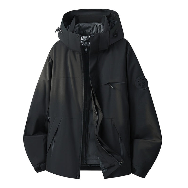 Herren Wasserdichte Outdoor-Softshelljacke mit Kapuze, hohem Stehkragen & Reißverschlusstaschen Drune