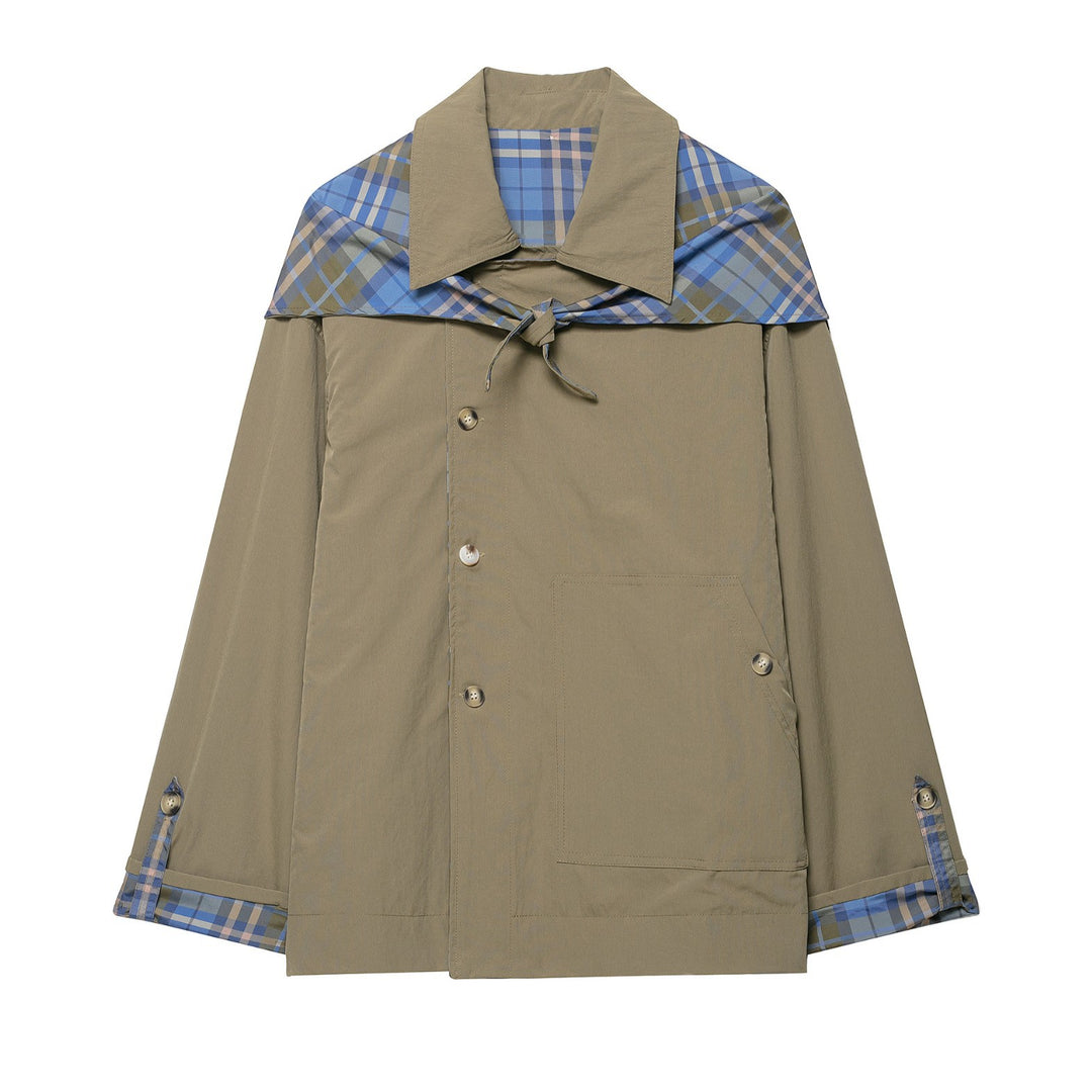 Damen 100+ kurzer Cape‑Trench mit karierter Innenverarbeitung und Knotenverschluss Drune