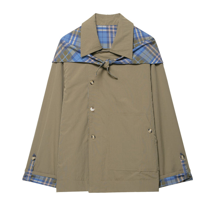 Damen 100+ kurzer Cape‑Trench mit karierter Innenverarbeitung und Knotenverschluss Drune