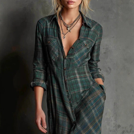 Damen Maxikleid aus kariertem Flanell-Look mit Knopfleiste und seitlichen Taschen Drune