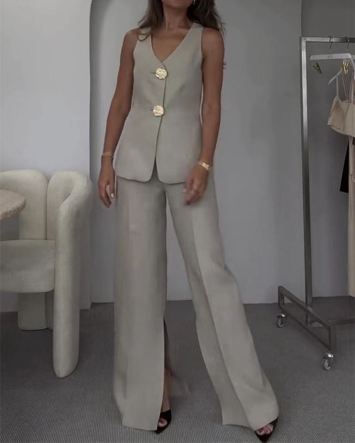 Damen elegantes Hosenanzug-Set mit tailliertem Blazer und weit geschnittenen Hosen Drune
