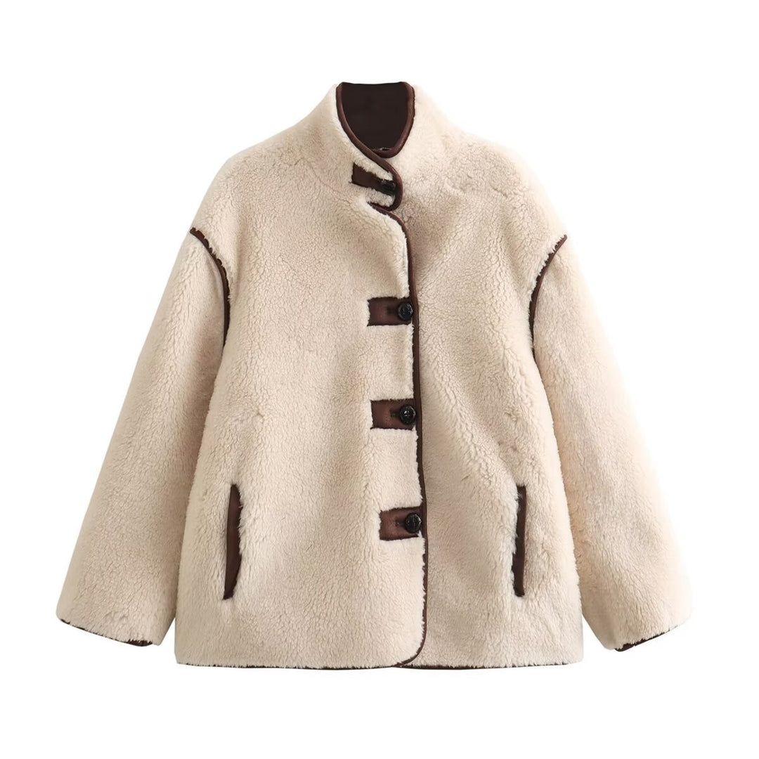 Damen nan kurze Schaffelloptik‑Jacke mit Stehkragen, verdeckter Knopfleiste und Eingrifftaschen Drune