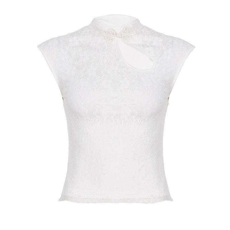 Damen Spitzenoberteil mit hochgeschlossenem Kragen und floralem Design Drune