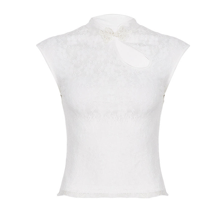 Damen Spitzenoberteil mit hochgeschlossenem Kragen und floralem Design Drune