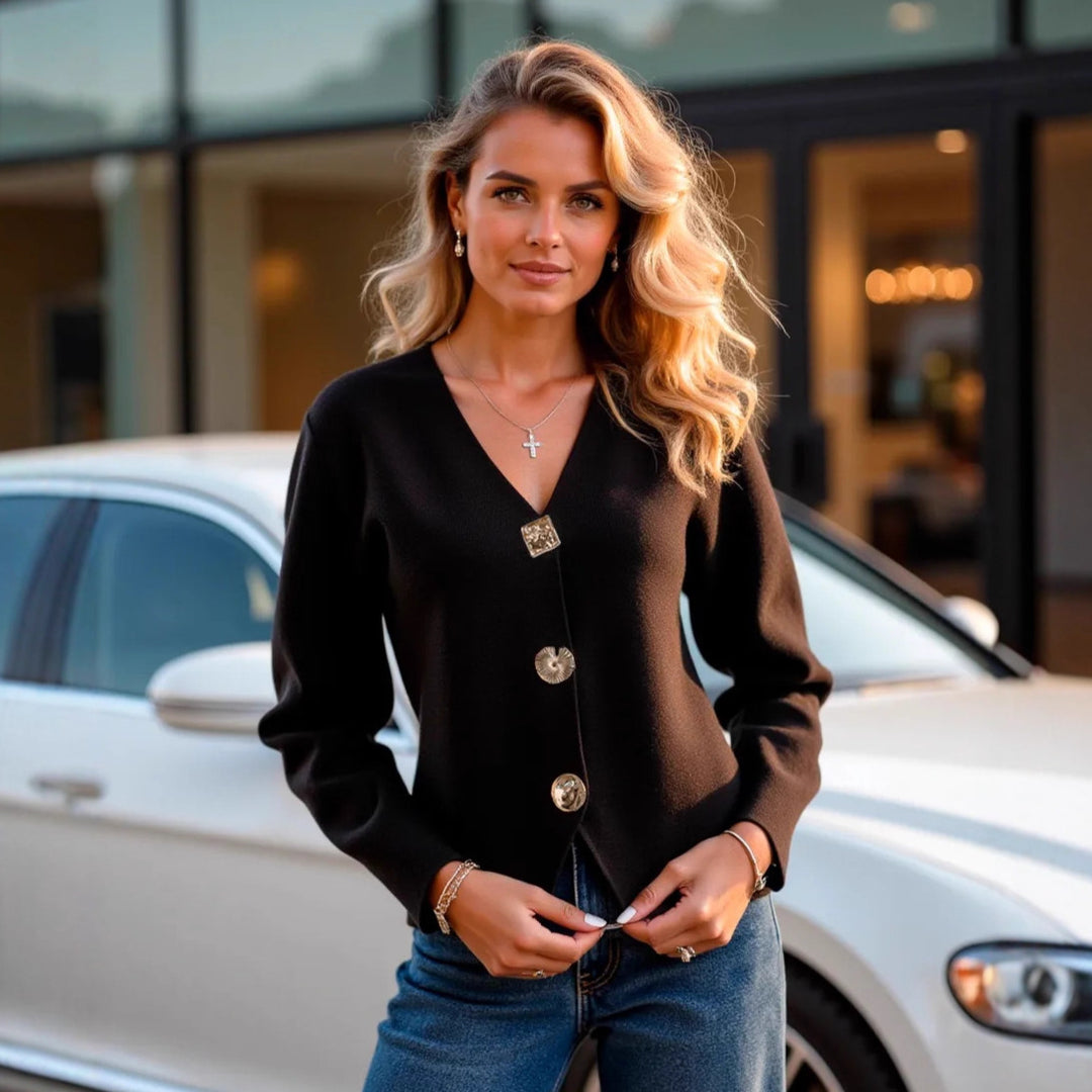 Damen Strickjacke mit goldenen Knöpfen und V-Ausschnitt Drune