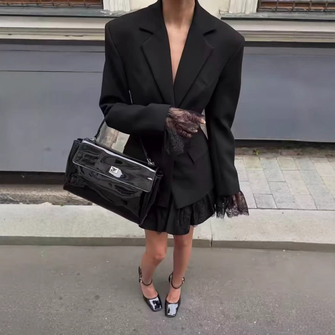 Damen 10+ taillierter Blazer mit Spitzenbesatz und Zwei‑Knopf‑Verschluss Drune