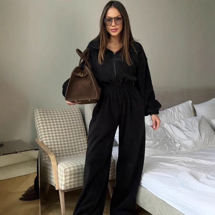 Damen kuscheliger Plüsch-Jumpsuit mit halbem Reißverschluss und elastischer Taille Drune