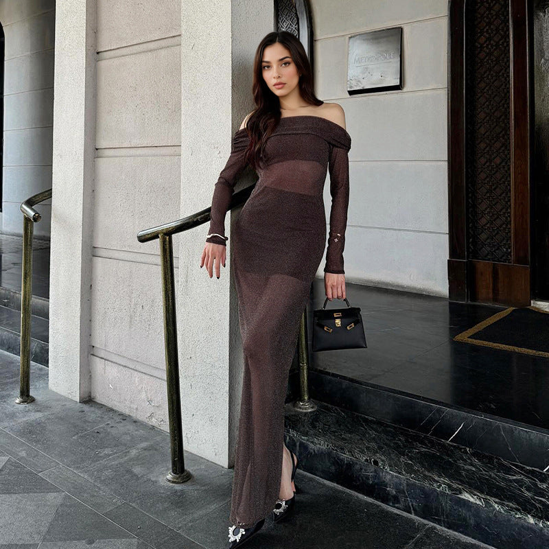 Damen elegantes schulterfreies Maxikleid mit Rüschendetails Drune