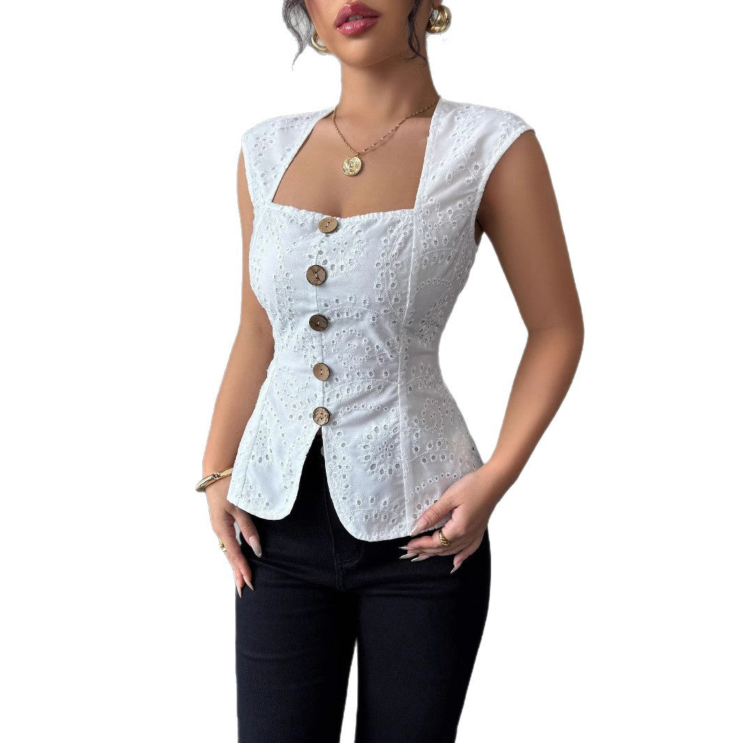 Damen Elegantes Oberteil mit Knopfdetails Drune