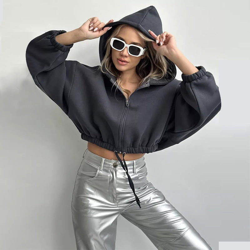 Damen Sportlicher Cropped Hoodie mit Reißverschluss und Kordelzug Drune