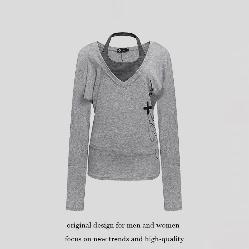Damen Lagen-Langarmshirt mit tiefem V-Ausschnitt, Neckholder-Innenlayer und seitlichem Script-Print Drune