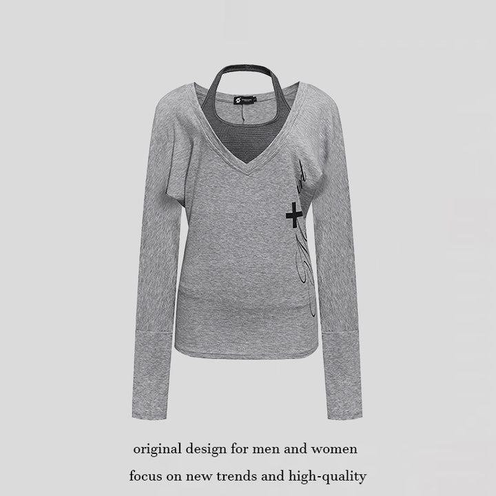 Damen Lagen-Langarmshirt mit tiefem V-Ausschnitt, Neckholder-Innenlayer und seitlichem Script-Print Drune
