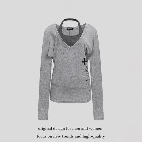 Damen Lagen-Langarmshirt mit tiefem V-Ausschnitt, Neckholder-Innenlayer und seitlichem Script-Print Drune