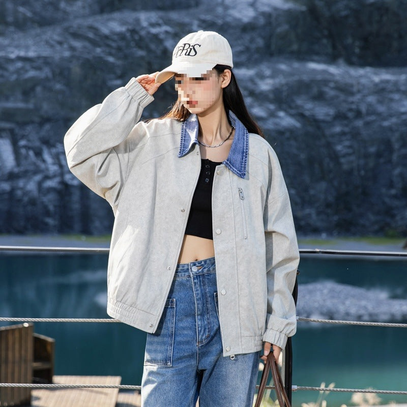 Damen Oversize-Übergangsjacke mit Jeanskragen, Druckknopfleiste & elastischen Bündchen Drune