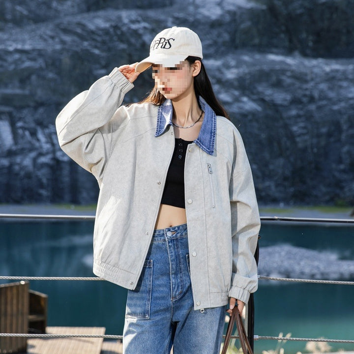 Damen Oversize-Übergangsjacke mit Jeanskragen, Druckknopfleiste & elastischen Bündchen Drune