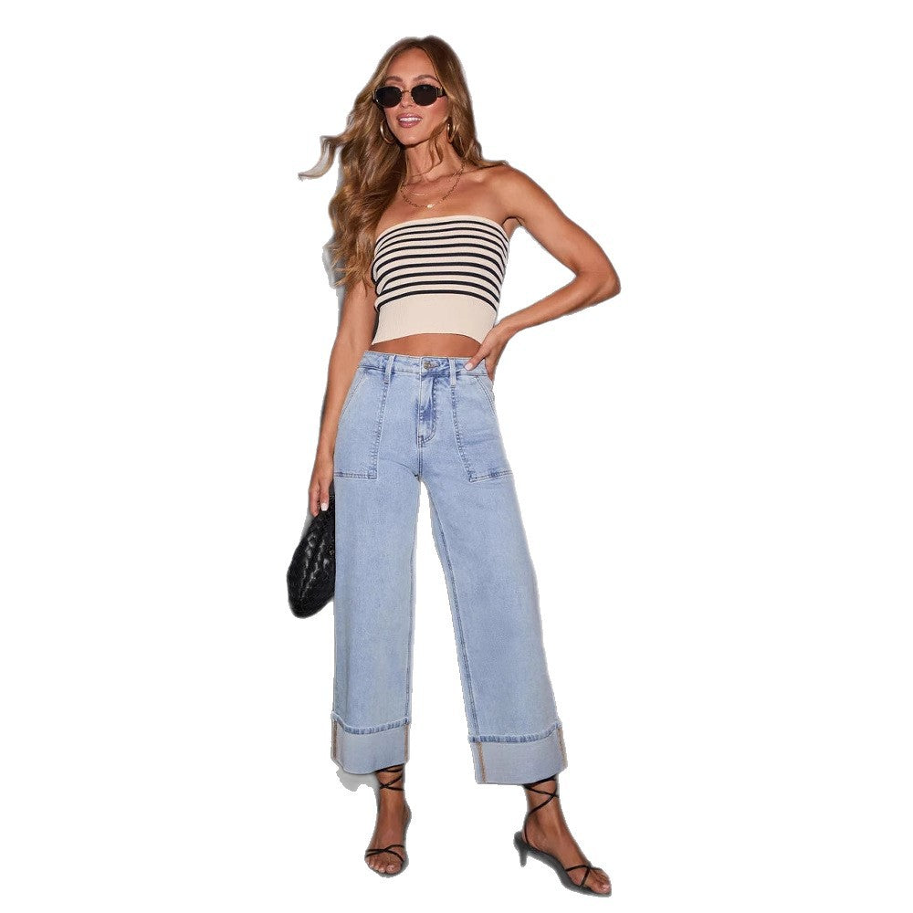 Damen nan Highwaist-Culotte-Jeans mit weitem Bein, aufgesetzten Fronttaschen und markantem Umschlagbund Drune