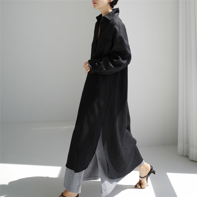 Damen Langes Leichtes Hemdblusen-Midaxi-Kleid mit Kentkragen und hohen Seitenschlitzen Drune