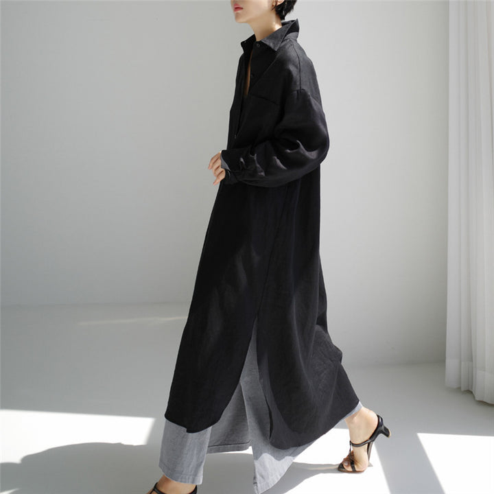 Damen Langes Leichtes Hemdblusen-Midaxi-Kleid mit Kentkragen und hohen Seitenschlitzen Drune