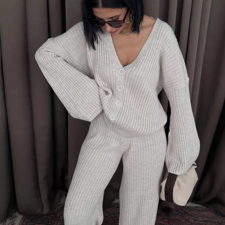 Damen Rippstrick-Cardigan mit überlangen Ärmeln und passender High-Waist-Loungehose Drune