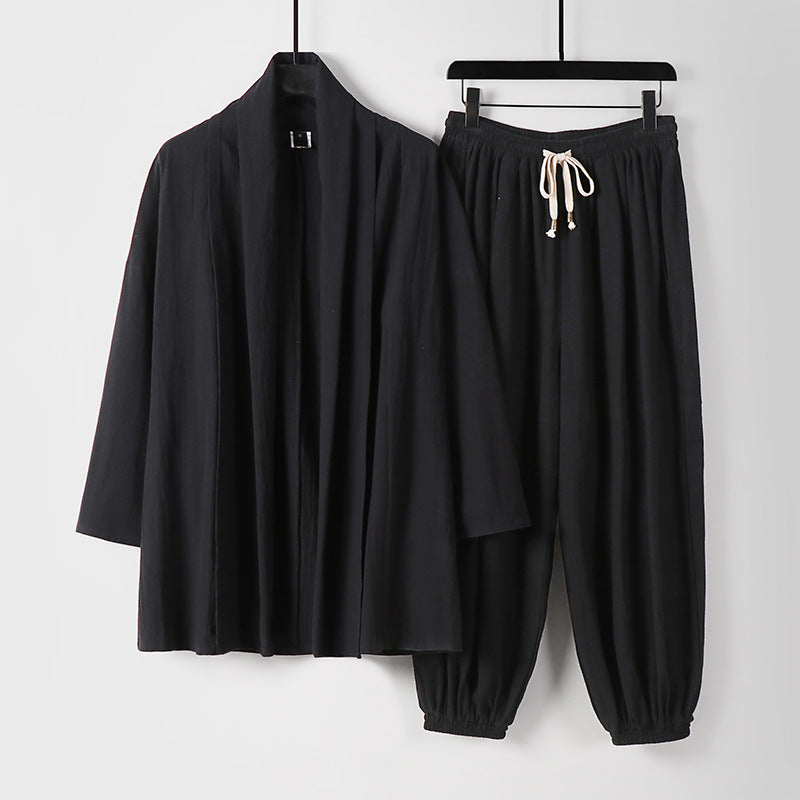 Unisex Entspanntes Kimono-Zweiteiler aus Baumwollmusselin mit Schalkragenjacke und geraffter Knöchelhose Drune