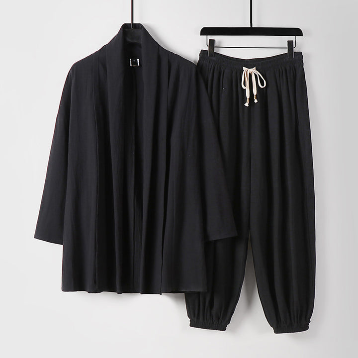 Unisex Entspanntes Kimono-Zweiteiler aus Baumwollmusselin mit Schalkragenjacke und geraffter Knöchelhose Drune