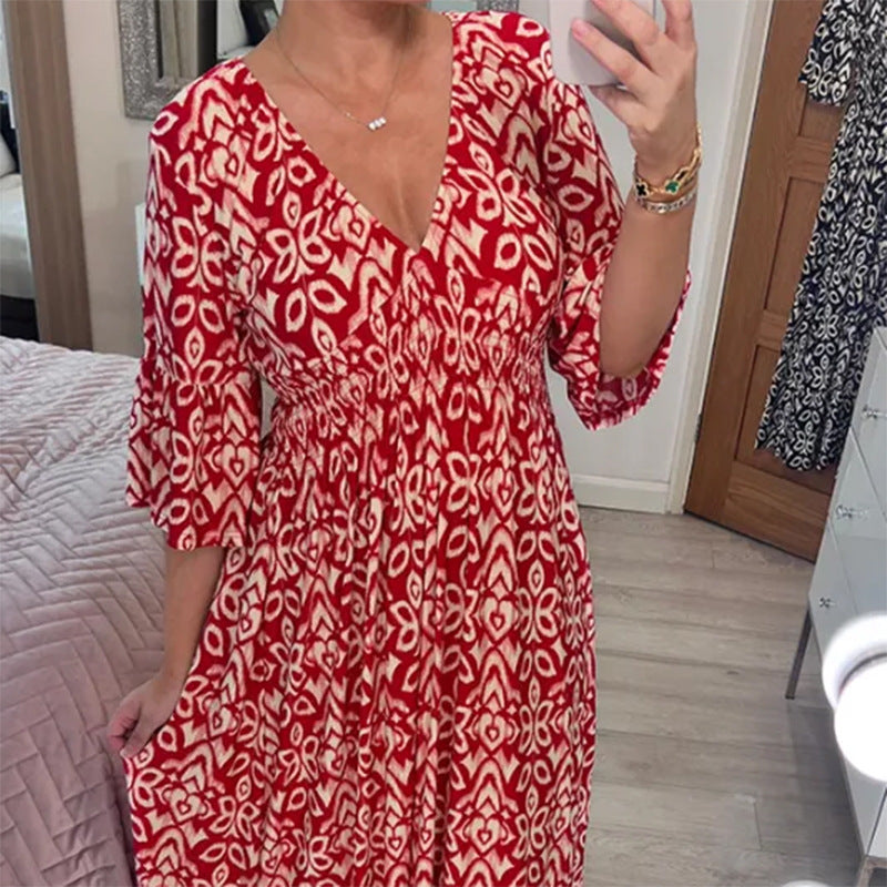 Damen Maxikleid mit V-Ausschnitt, gerafftem Taillenteil und Rüschendreiviertelärmeln Drune