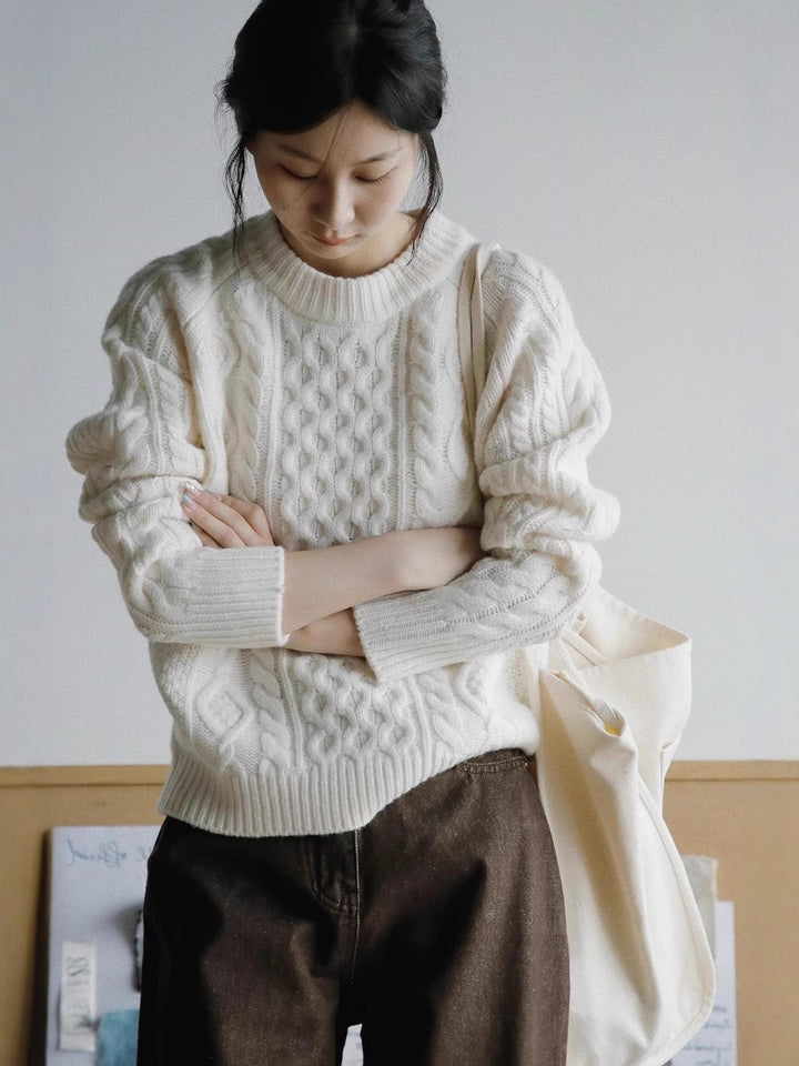 Damen Strukturierter Zopfmuster-Pullover aus Merino-Mix mit gerippten Abschlüssen und kastiger Passform Drune