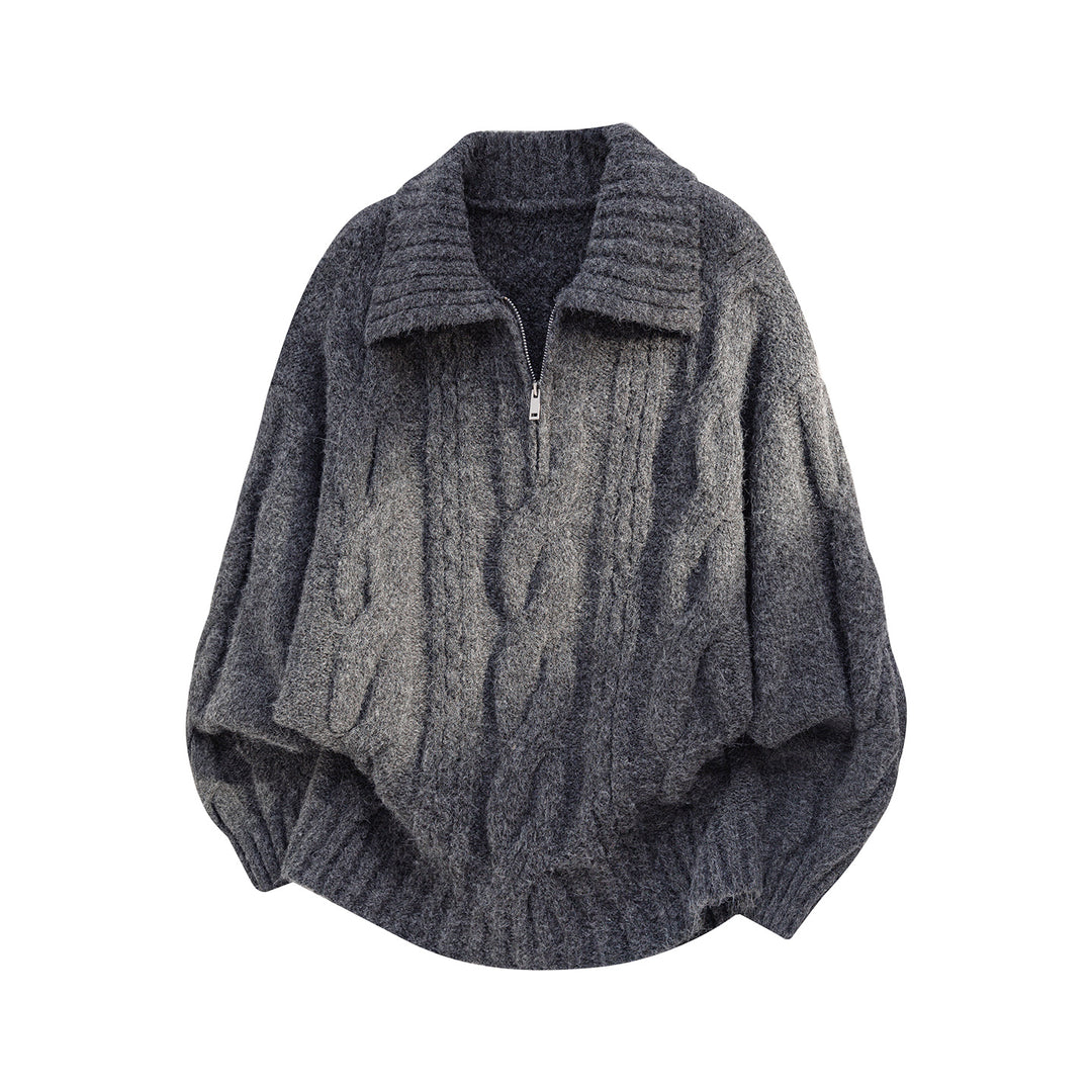 Damen Oversize Strickpullover mit halbem Reißverschluss, Zopfmuster und Ballonärmeln Drune