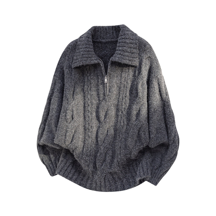 Damen Oversize Strickpullover mit halbem Reißverschluss, Zopfmuster und Ballonärmeln Drune