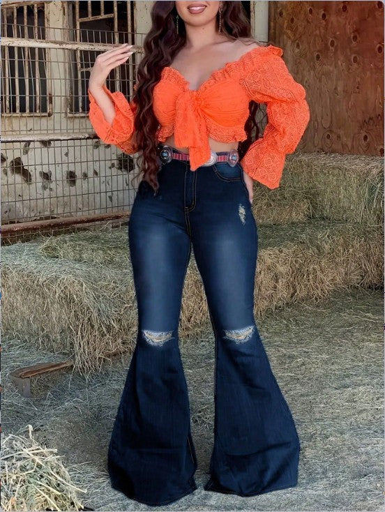Damen Hochtaillierte Schlaghose-Jeans mit ausgestelltem Bein, Knie-Rissen und figurformendem Stretchbund Drune