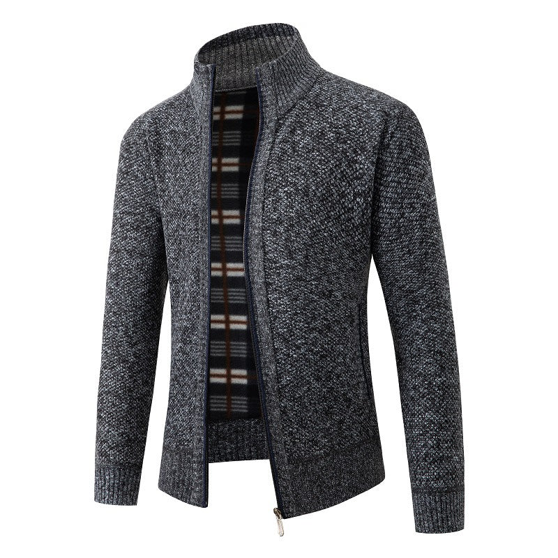 Herren Strukturiertes Zip-Strickjacke mit Karo‑Fleece‑Futter und Stehkragen Drune