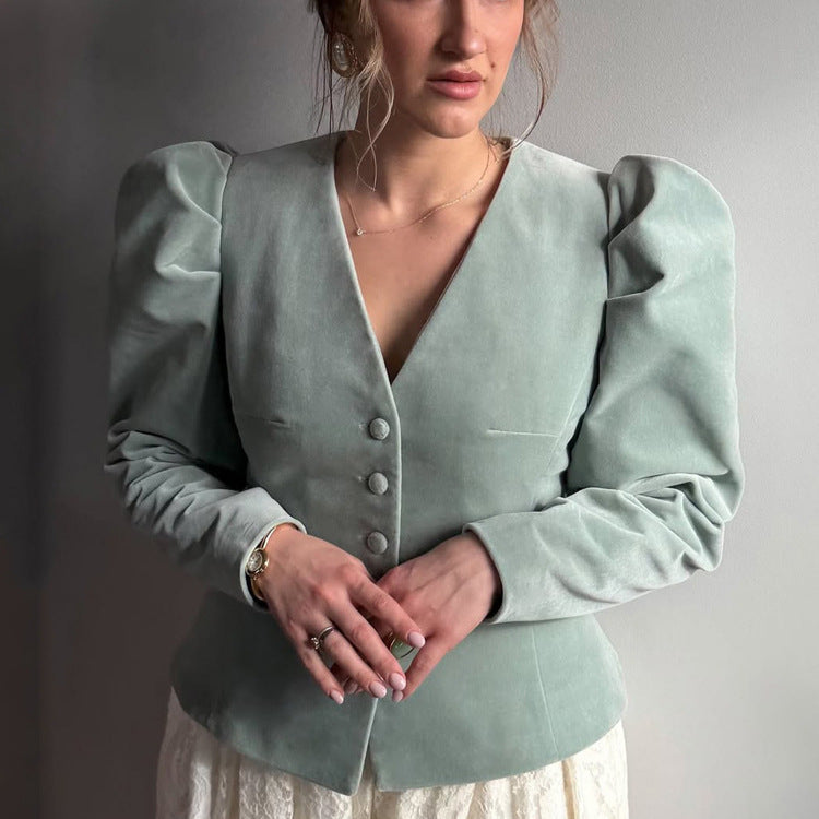 Damen Taillierter Samtblazer mit betonter Taille, V-Ausschnitt und voluminösen Puffärmeln Drune