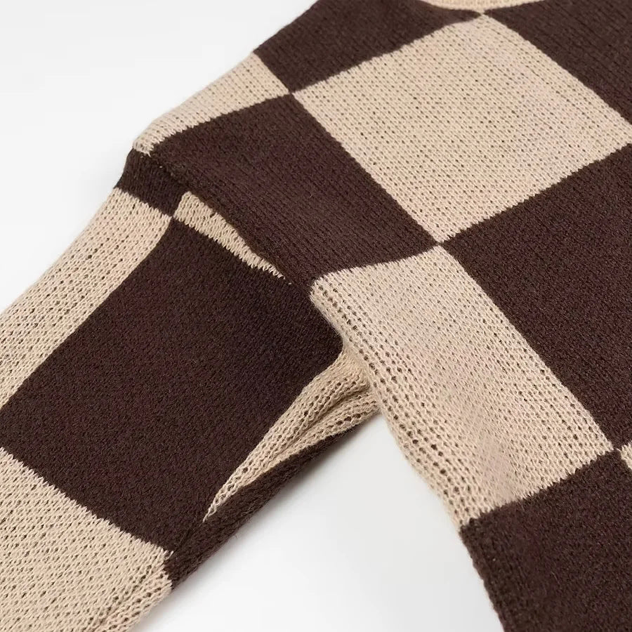 Damen nan oversized Strickpullover mit Schachbrettmuster, geripptem Saum und Rundhalsausschnitt Drune