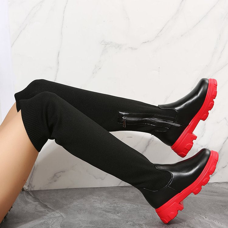 Damen Overknee-Stiefel mit zweifarbiger Plateau-Lugsohle und geripptem Strickschaft Drune