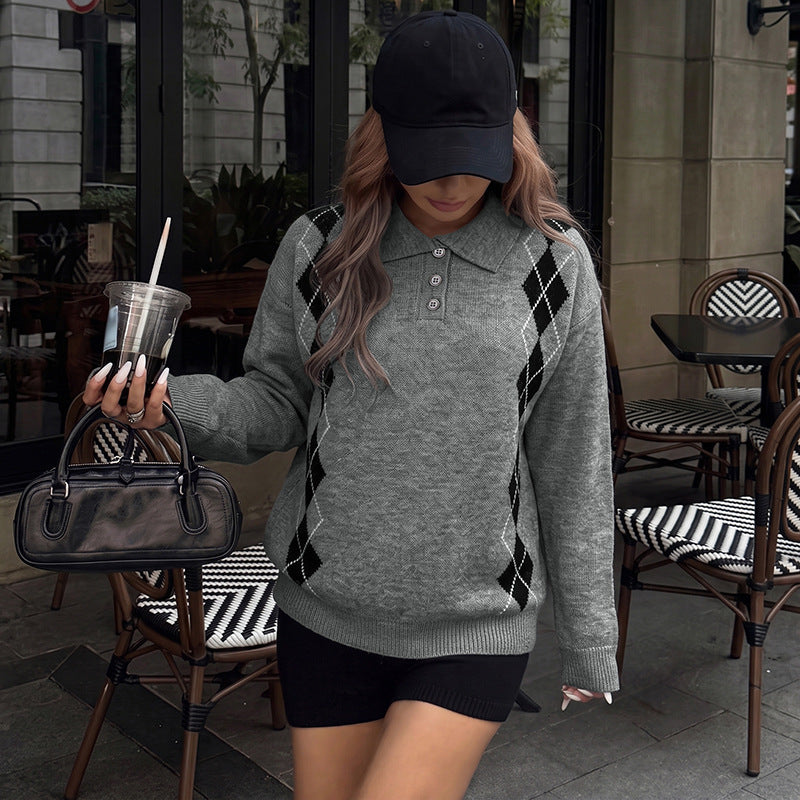 Damen Eleganter Strickpullover mit Polo-Kragen und Rautenmuster Drune