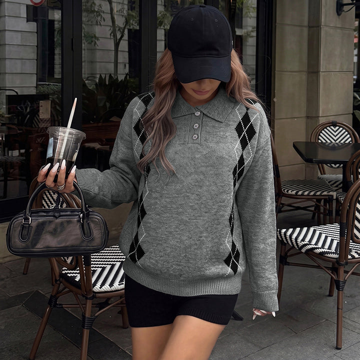 Damen Eleganter Strickpullover mit Polo-Kragen und Rautenmuster Drune