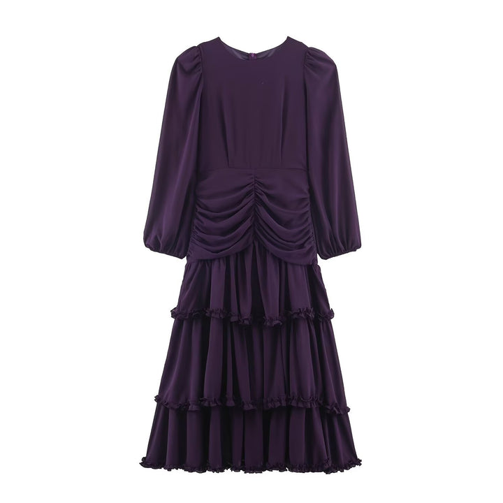Damen Stufenvolant-Maxikleid mit Raffung in der Taille und Puffärmeln Drune