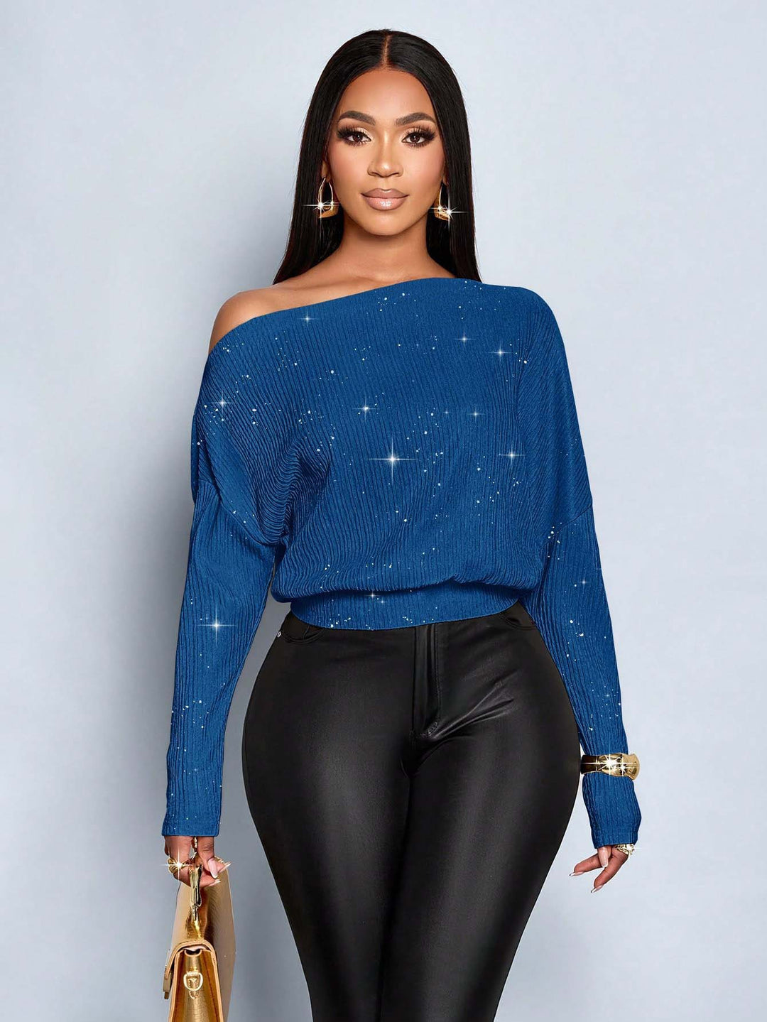 Damen Off-Shoulder Rippstrick-Pullover mit Glitzereffekt und Batwing-Ärmeln Drune
