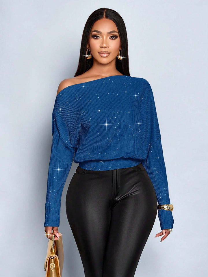 Damen Off-Shoulder Rippstrick-Pullover mit Glitzereffekt und Batwing-Ärmeln Drune