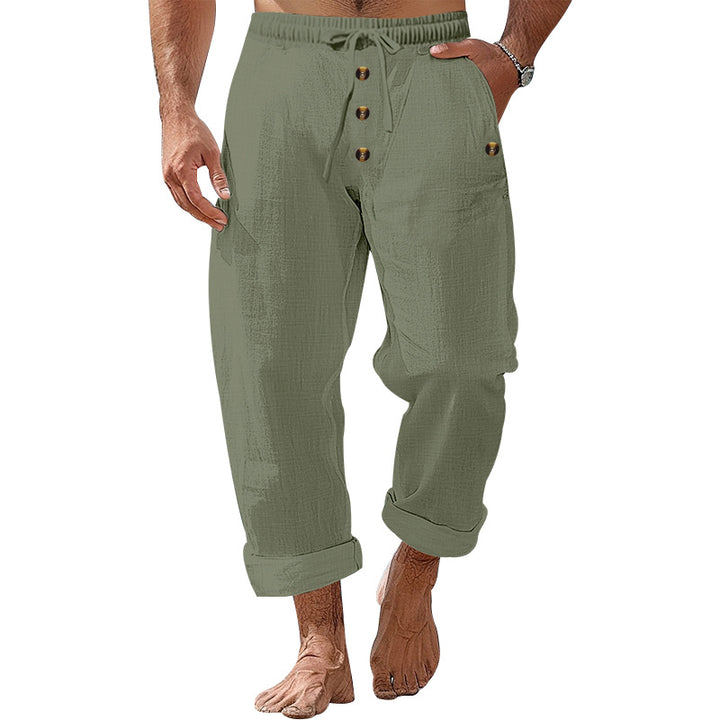 Herren nan lockere Leinen-Baumwoll-Hose mit elastischem Bund, Kordelzug und aufgekrempeltem Saum Drune