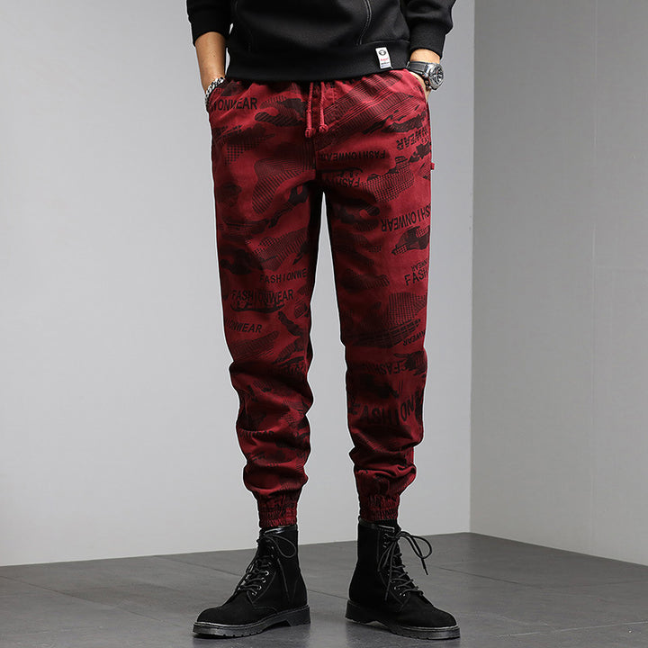Herren Camouflage-Print Jogger-Cargohose mit elastischem Tunnelzugbund und gerippten Knöcheln Drune