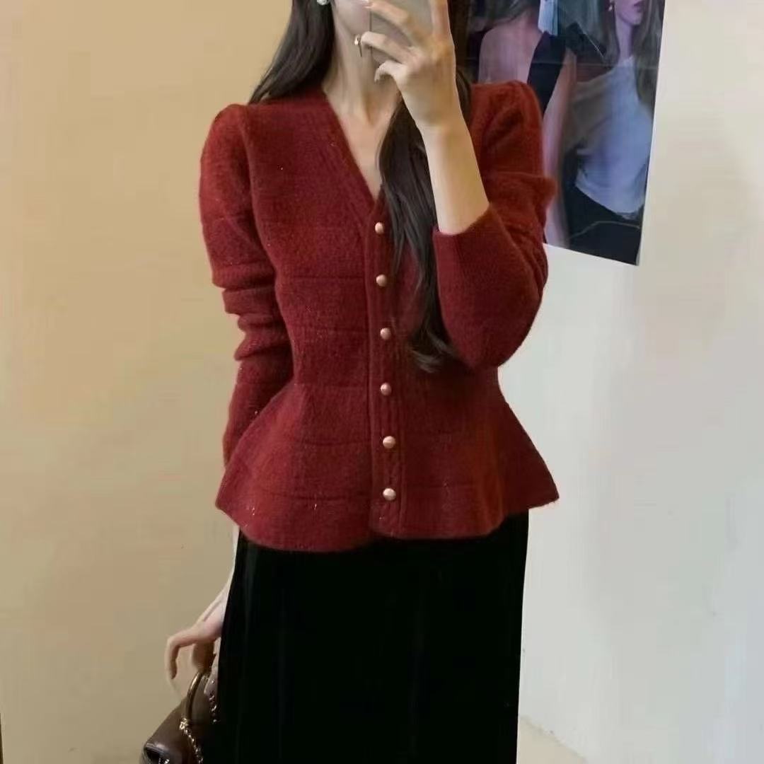 Damen elegante Strickjacke mit strukturiertem Design und femininen Puffärmeln Drune