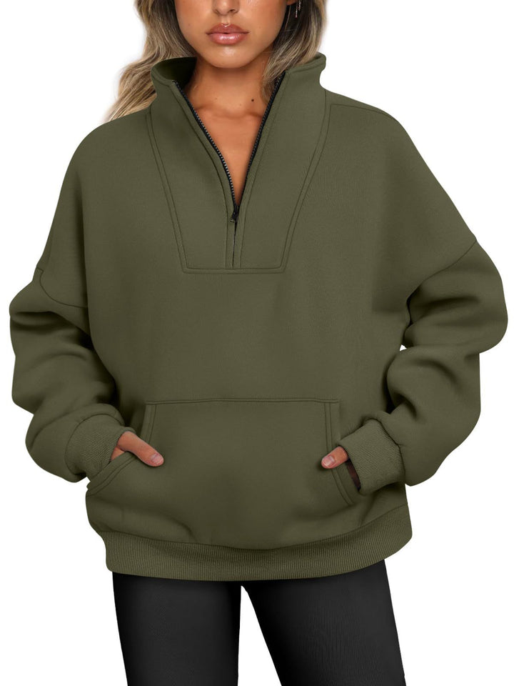 Damen lässiger Pullover mit hohem Kragen und praktischer Kängurutasche Drune