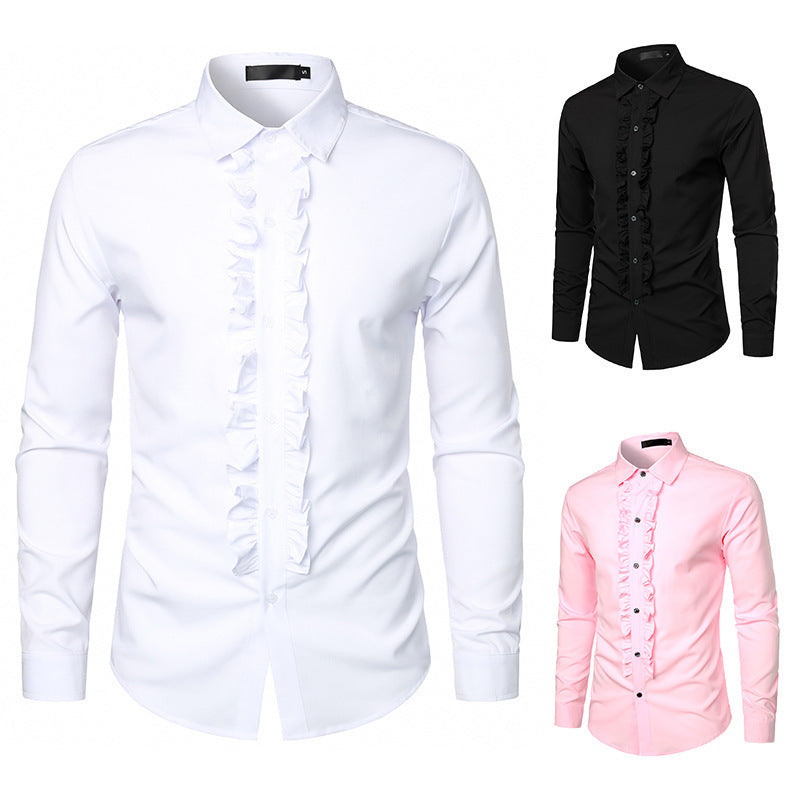 Herren Langarmhemd mit Rüschenverzierung und eleganten Knopfdetails Drune