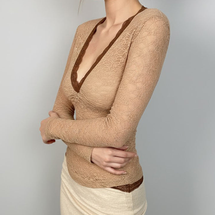 Damen Transparentes Spitzen-Bodyshirt mit V-Ausschnitt und figurbetonter Taillennaht Drune